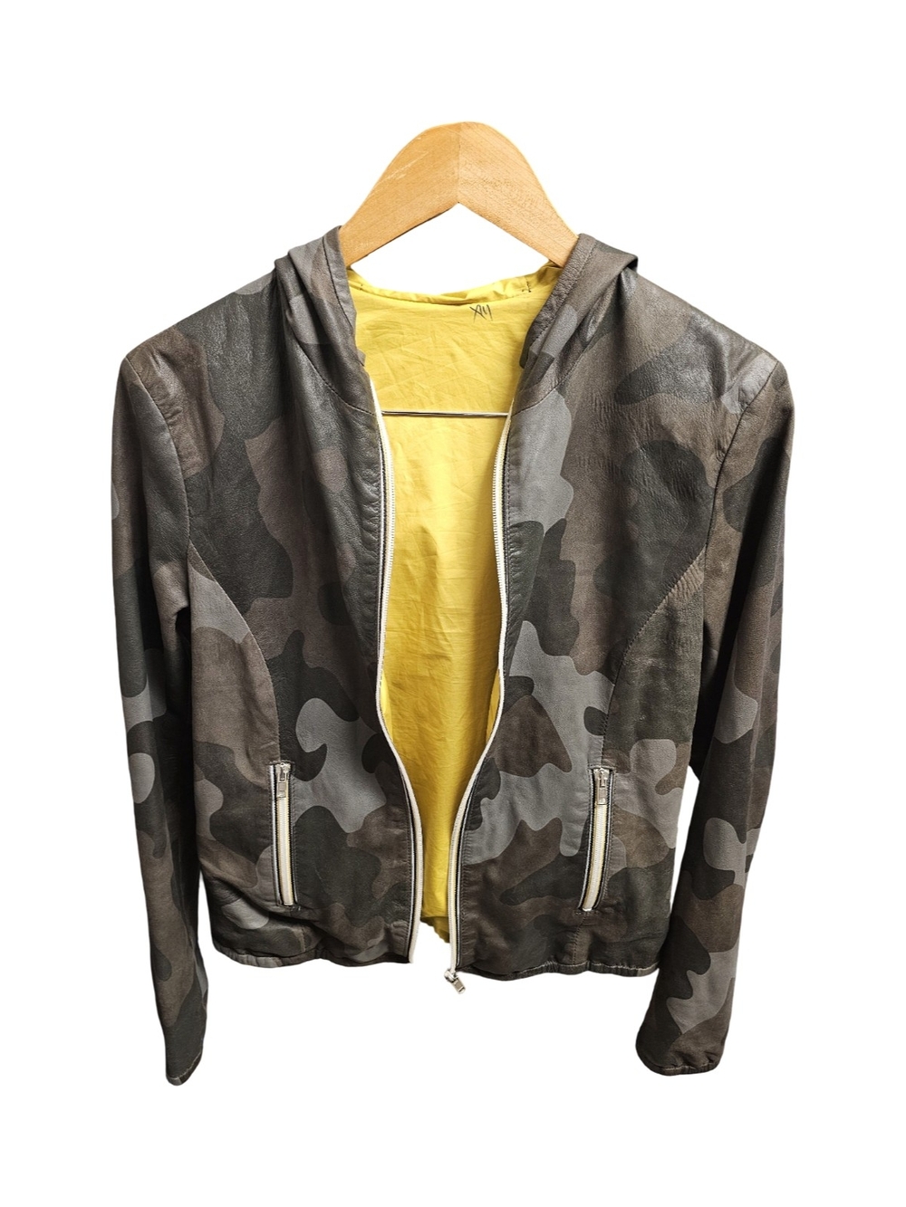 Angela Milano Made In Italy 100% Leather Camo Hooded Moto Jacket Womens M